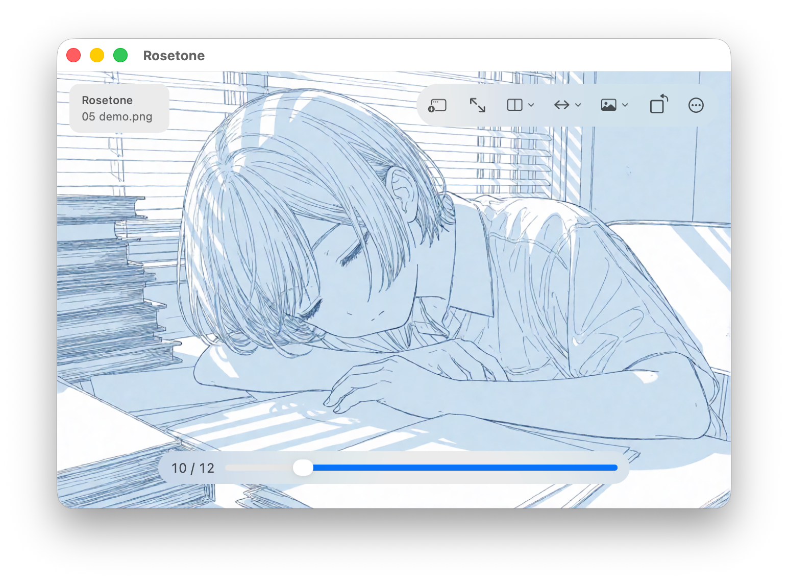 Rosetone window reading a single page, with the floating toolbar and page slider