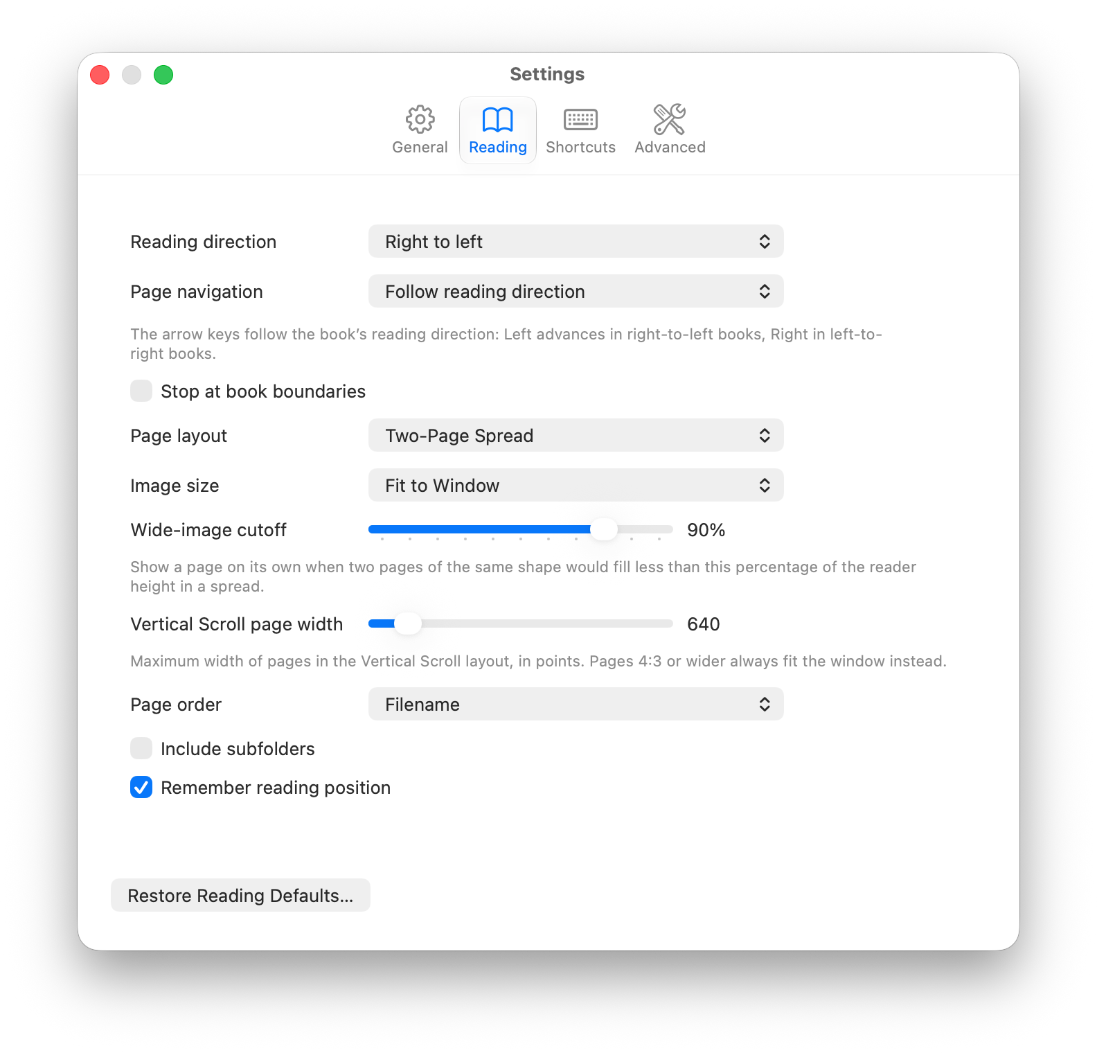 The Reading pane of Rosetone's settings window